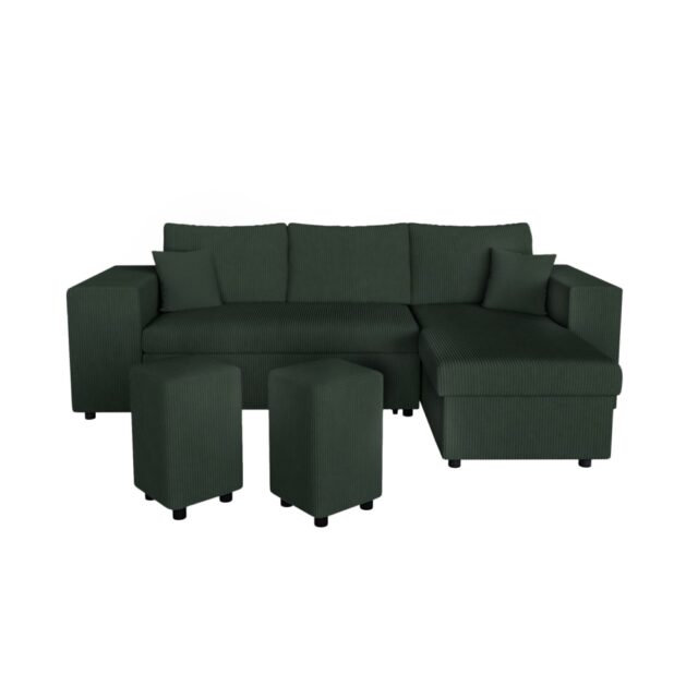 Canapé convertible MADY vert en velours côtelé avec deux poufs et étagères