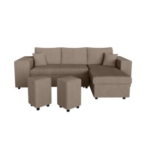 Canapé convertible Usinestreet MADY taupe avec deux poufs et étagères intégrées