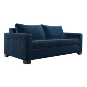 Canapé convertible Octave en velours bleu avec accoudoirs capitonnés