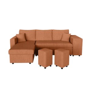 Canapé OSLO Usinestreet terracotta en velours côtelé avec méridienne et deux poufs intégrés