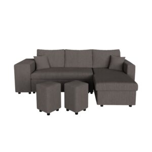 Canapé convertible OSLO gris foncé en velours côtelé avec méridienne et deux poufs