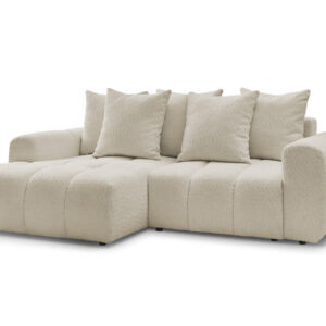 Canapé Bobochic Roxelane d’angle gauche en bouclette beige avec coussins