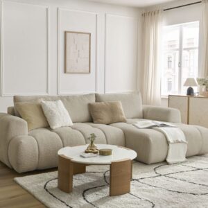 Canapé Bobochic Fuji d’angle droit beige en tissu bouclette, avec méridienne