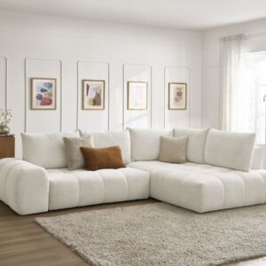 Canapé Bobochic Everest d’angle droit en tissu chiné blanc avec coffre
