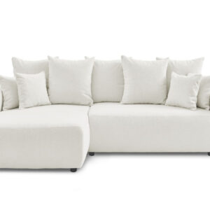 Canapé Bobochic ENVY d’angle blanc en tissu bouclé avec coffre