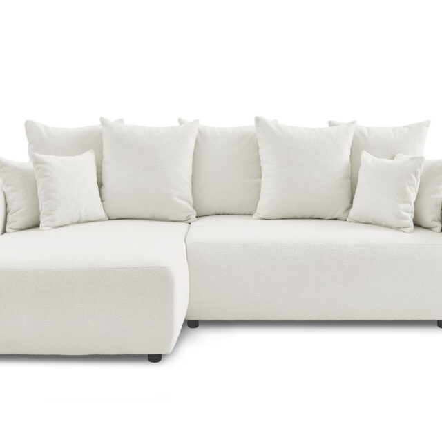 Canapé Bobochic ENVY d’angle blanc en tissu bouclé avec coffre