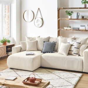 Canapé Bobochic ENVY d’angle convertible beige en velours côtelé avec coffre