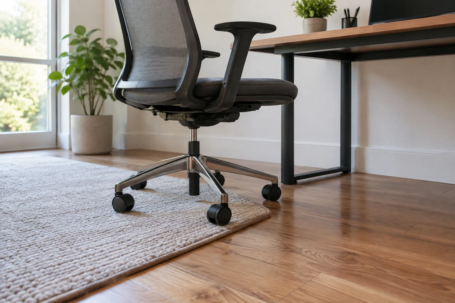 Chaise de bureau à roulettes placée près du bord d’un tapis sur un parquet clair.