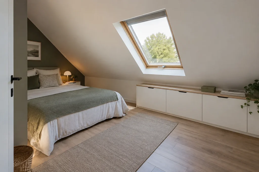 Chambre mansardée avec un lit sous la pente, des rangements bas et une fenêtre de toit.