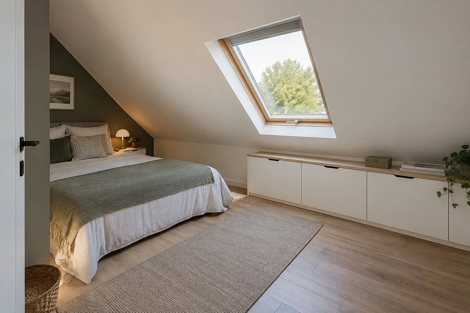 Chambre mansardée avec un lit sous la pente, des rangements bas et une fenêtre de toit.
