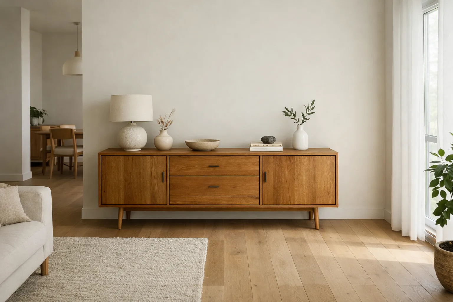 Buffet en bois installé contre le mur d’un séjour, avec une lampe et quelques objets sur sa surface.