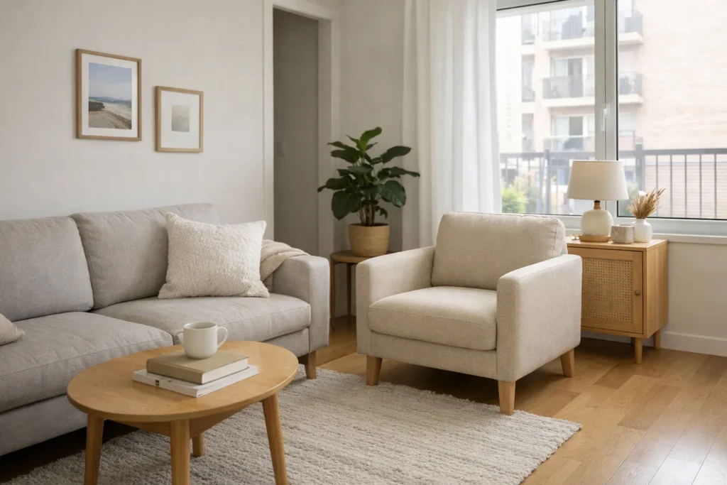 Fauteuil compact près d’un canapé dans un petit salon, avec un passage dégagé vers la fenêtre.