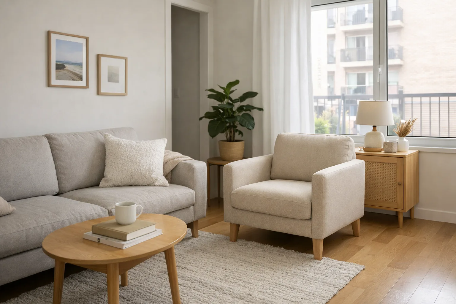 Fauteuil compact près d’un canapé dans un petit salon, avec un passage dégagé vers la fenêtre.