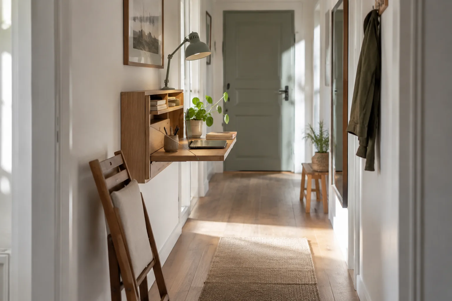 Petit bureau mural installé dans un couloir, avec une chaise rangée contre le mur et un passage libre vers une porte.