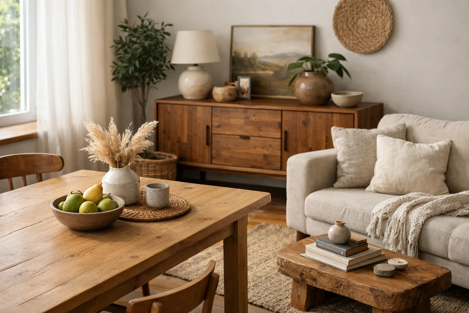 Un salon avec une table en bois clair, un buffet brun, un canapé en tissu et un tapis aux tons naturels.