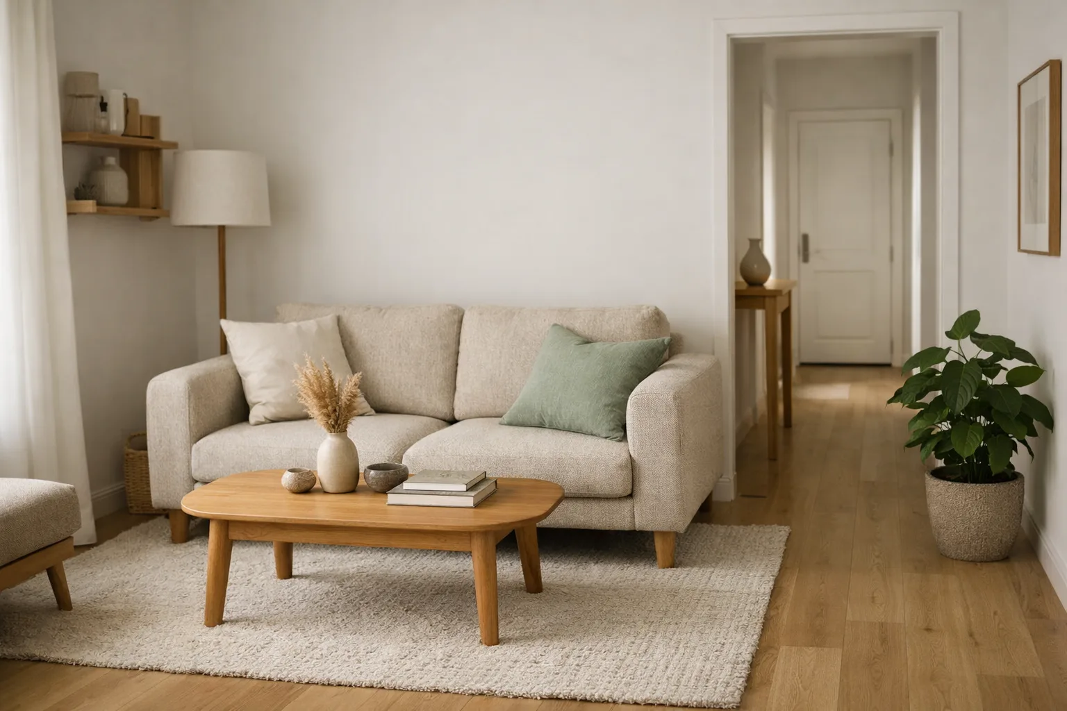 Table basse compacte placée devant un canapé dans un petit salon, avec un passage dégagé vers la porte.