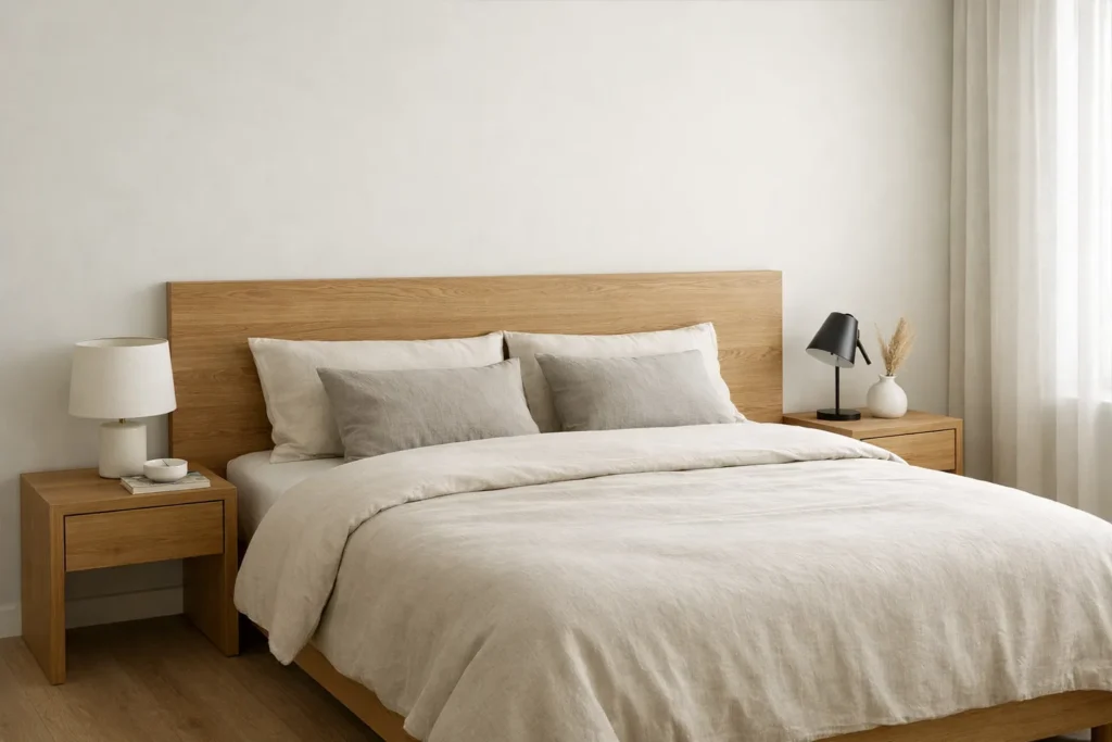Lit double avec tête de lit en bois clair, deux tables de chevet et mur blanc dans une chambre lumineuse.