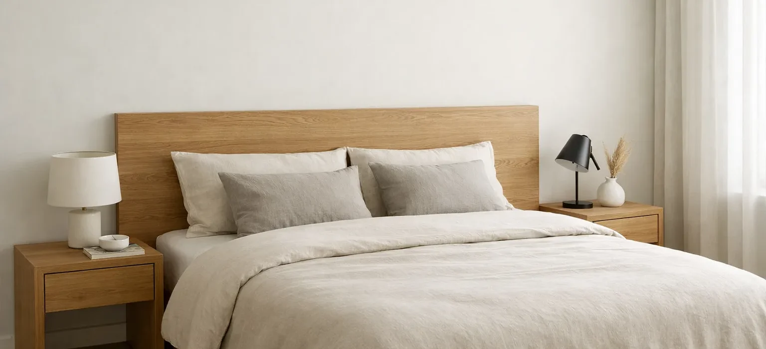 Lit double avec tête de lit en bois clair, deux tables de chevet et mur blanc dans une chambre lumineuse.