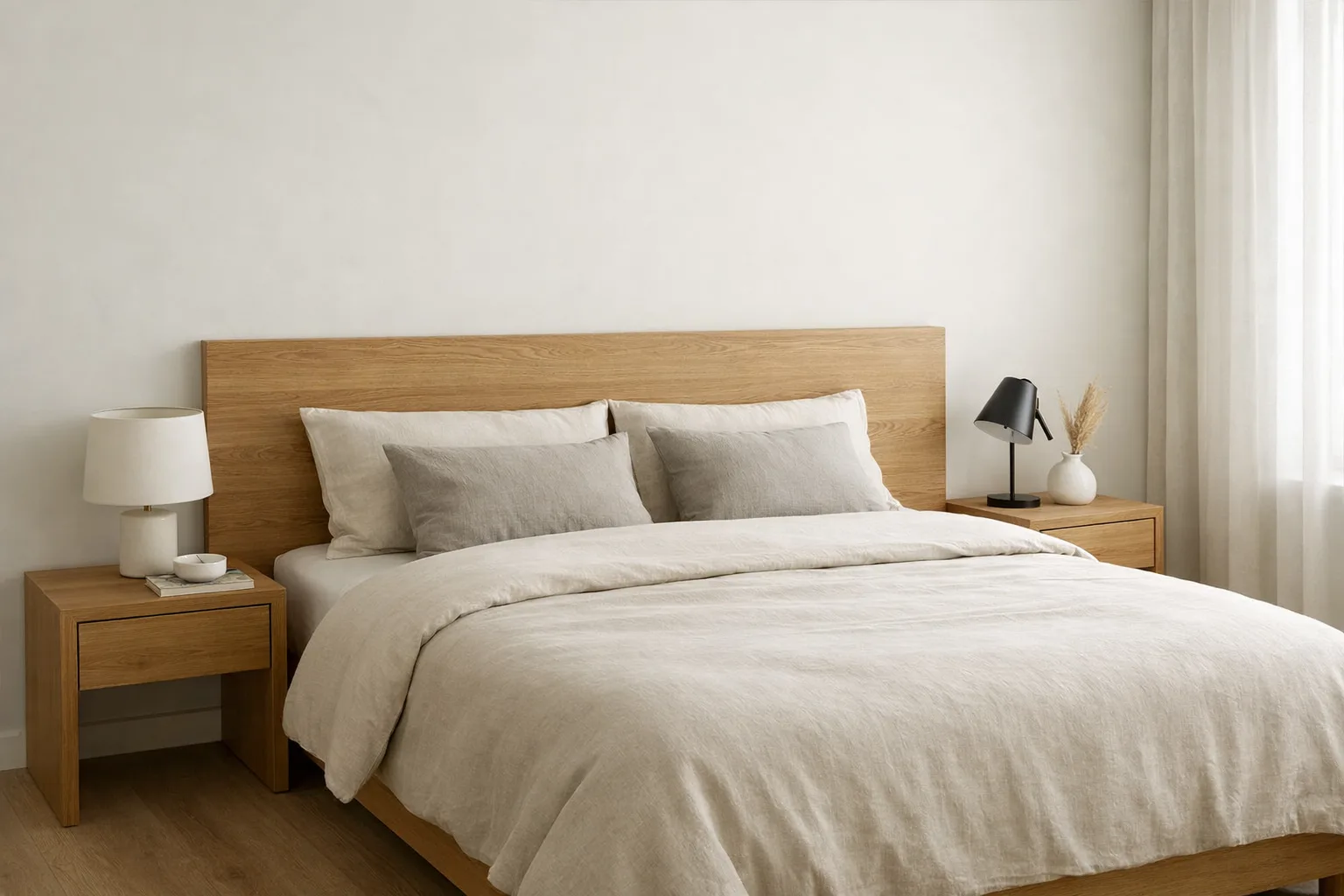 Lit double avec tête de lit en bois clair, deux tables de chevet et mur blanc dans une chambre lumineuse.