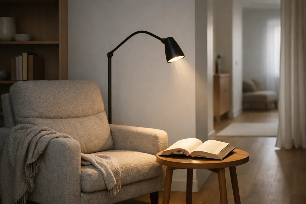 Un fauteuil près d’une liseuse orientable dont la lumière éclaire un livre ouvert.