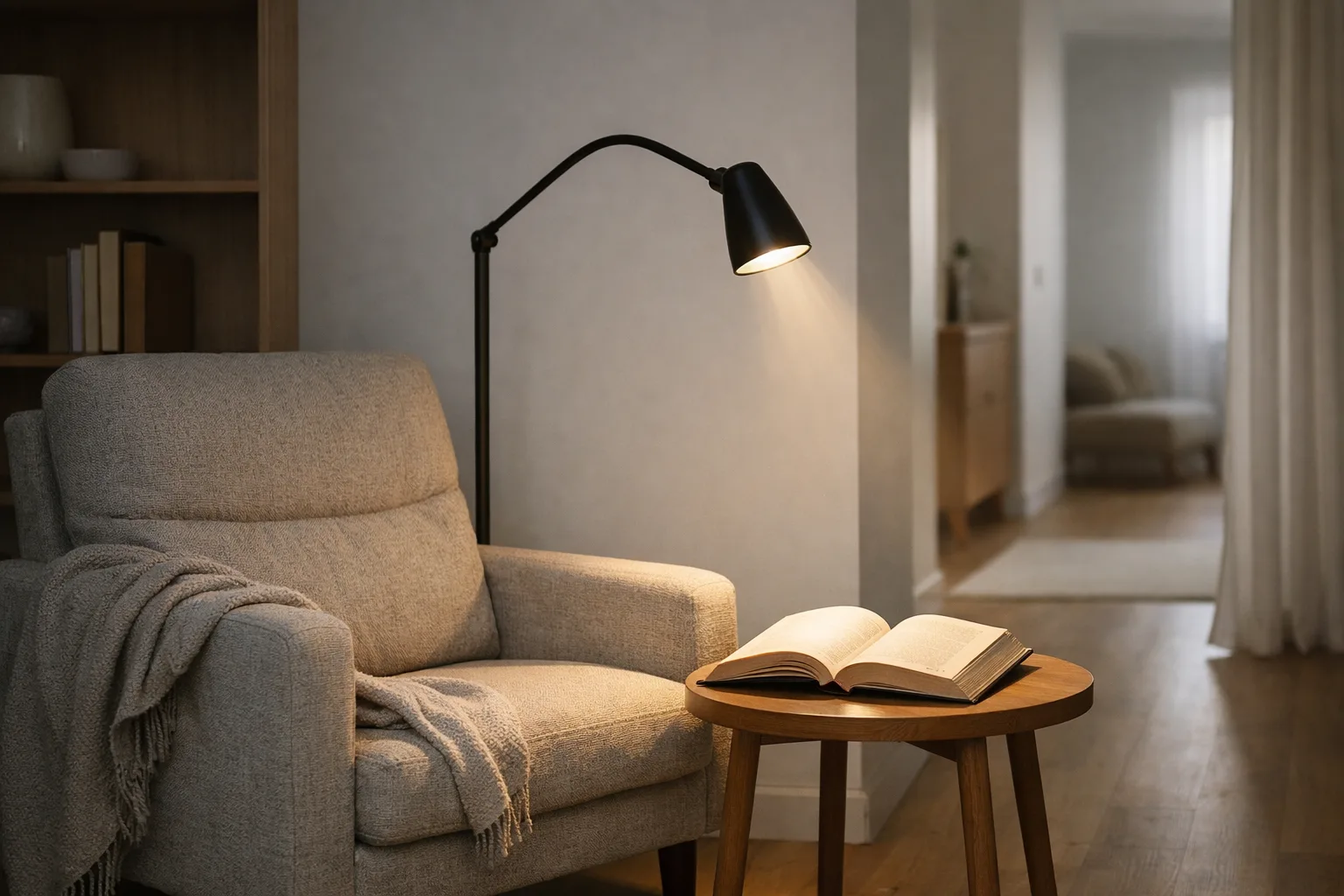 Un fauteuil près d’une liseuse orientable dont la lumière éclaire un livre ouvert.