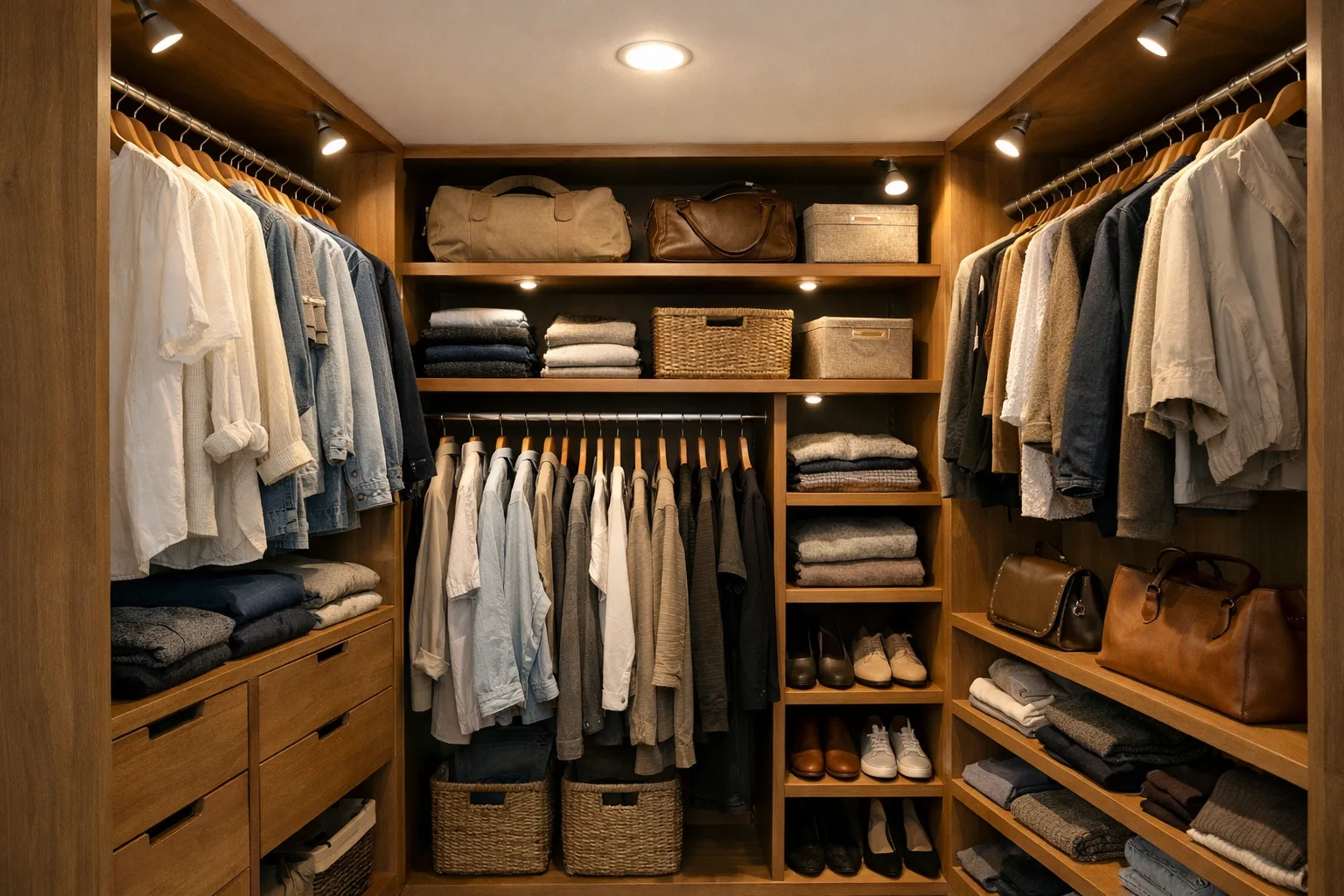 Dressing sans fenêtre avec des luminaires au plafond et près des penderies, éclairant vêtements et étagères.