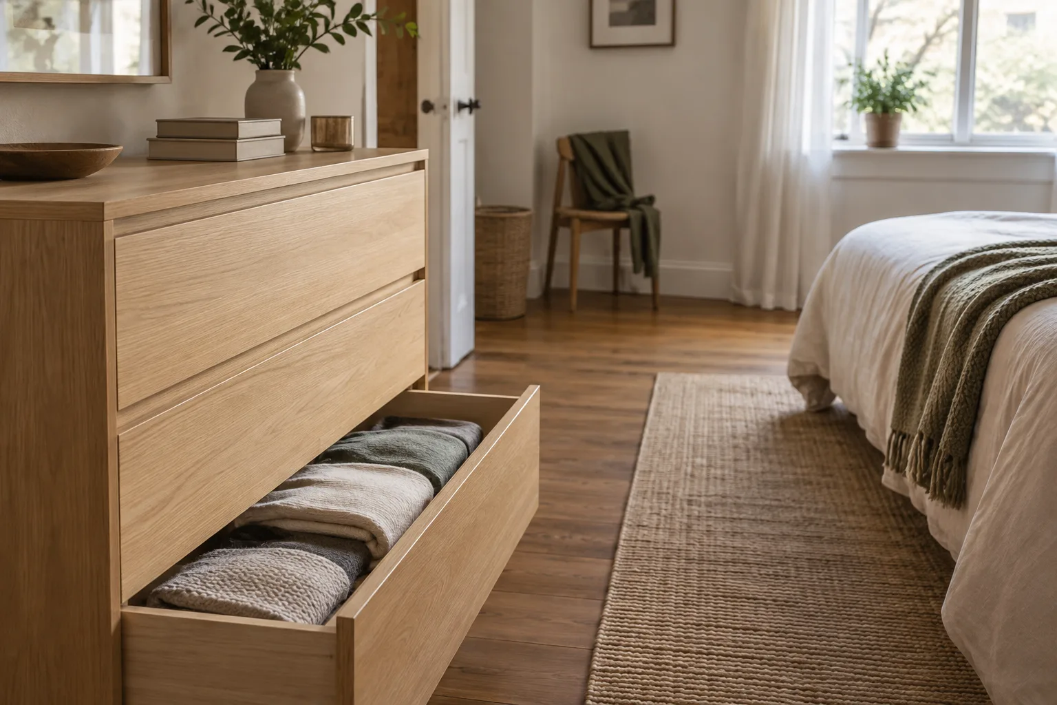 Commode en bois clair avec un tiroir entrouvert dans une chambre où le passage vers le lit reste dégagé.