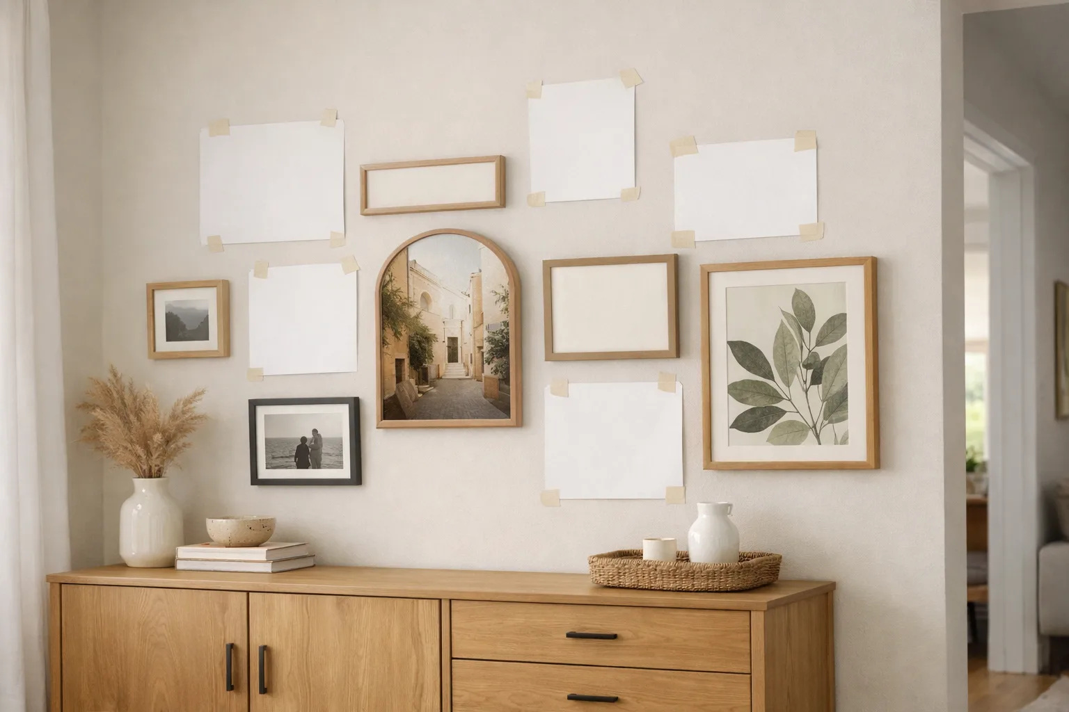 Cadres de formats variés disposés au-dessus d’un buffet, avec des gabarits en papier encore fixés au mur.