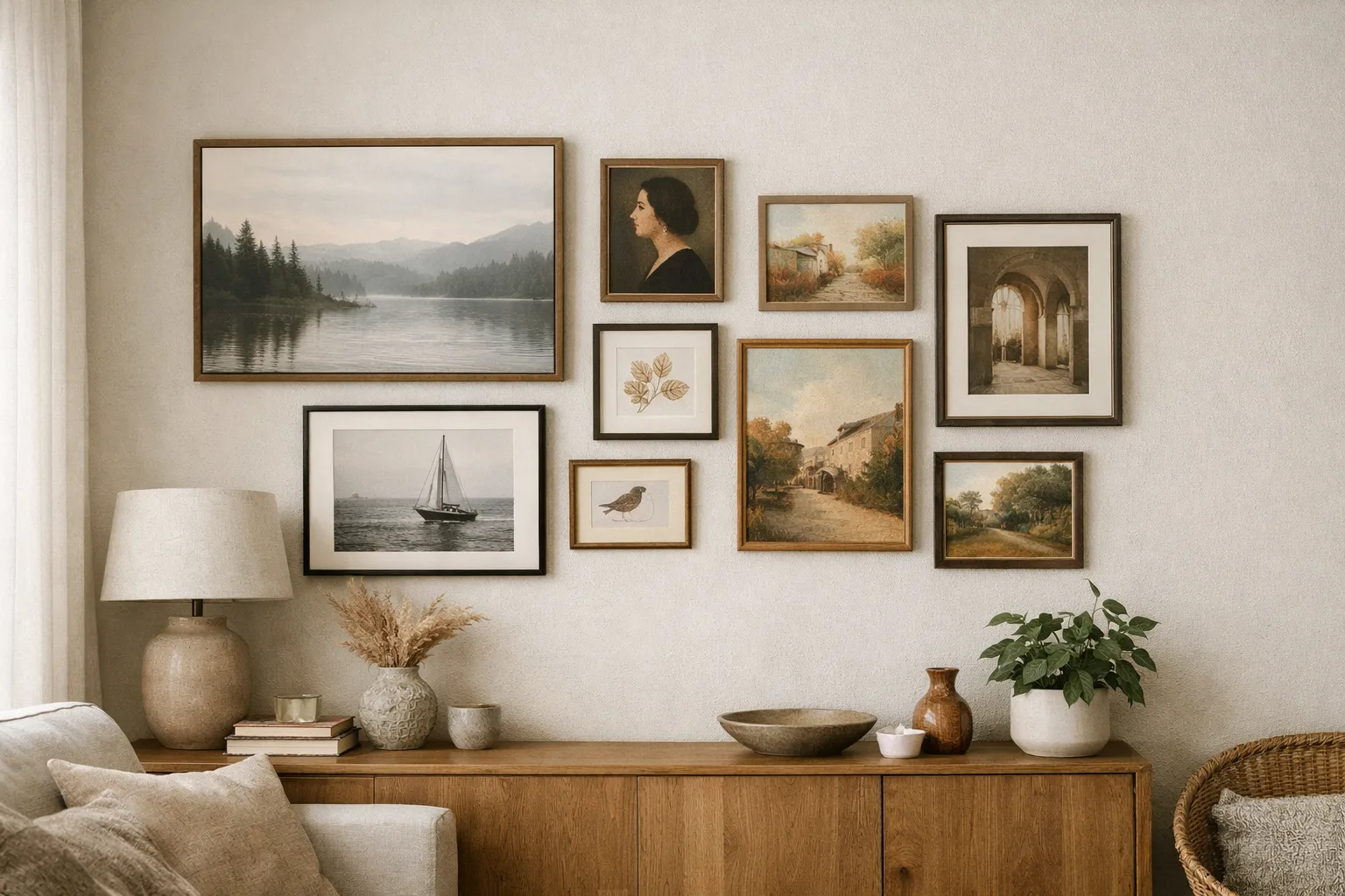 Plusieurs cadres de formats et d’encadrements différents sont disposés sur un mur au-dessus d’un meuble bas.