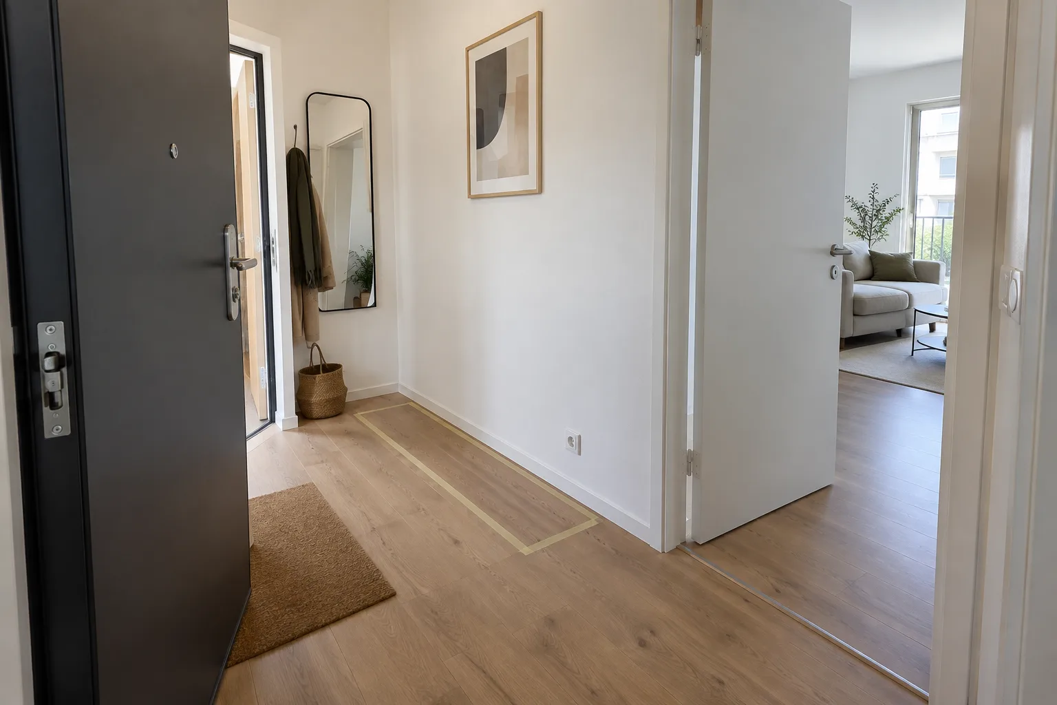 Du ruban au sol dessine l’emprise d’une console tandis que les portes de l’entrée sont ouvertes pour vérifier le passage.
