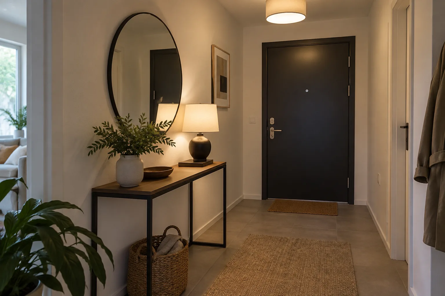 Une lampe posée sur une console éclaire un vide-poches sous un miroir mural dans une entrée dégagée.