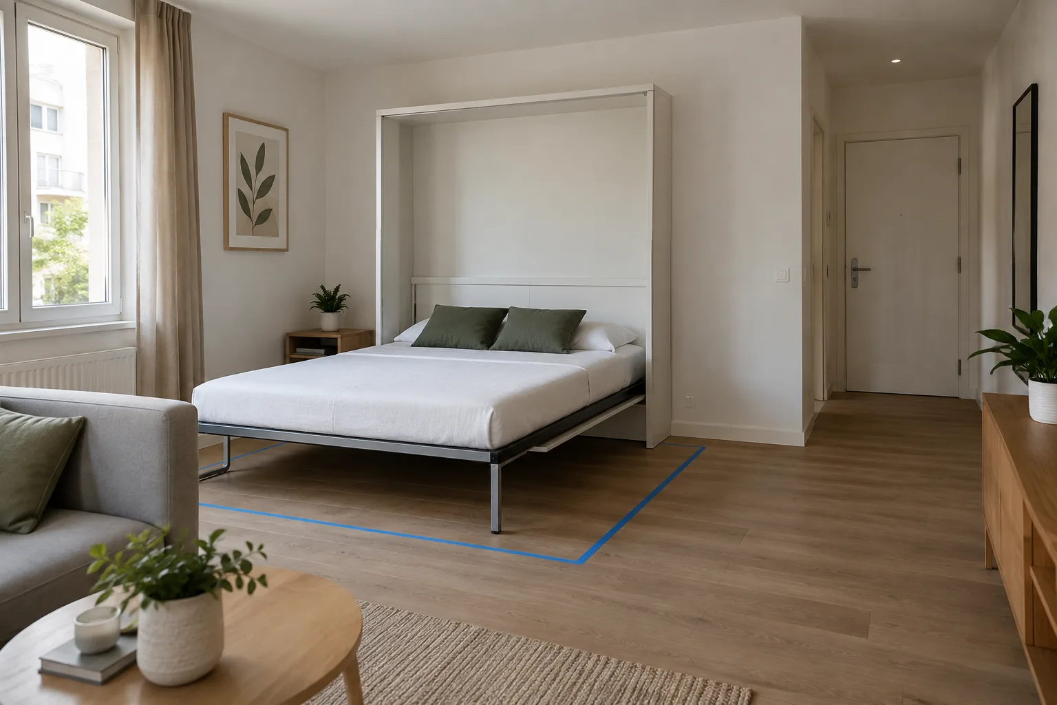 Un couchage escamotable ouvert dans un petit séjour, avec son emprise marquée au sol et un passage libre vers la porte.