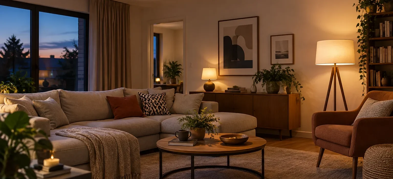 Dans un séjour au crépuscule, un plafonnier, une lampe sur pied et une lampe d’appoint éclairent le fauteuil et le mur avec des teintes légèrement différentes.