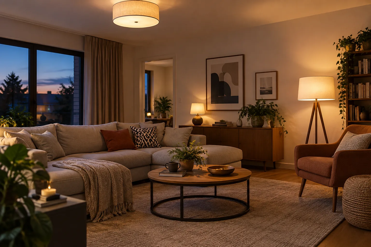 Dans un séjour au crépuscule, un plafonnier, une lampe sur pied et une lampe d’appoint éclairent le fauteuil et le mur avec des teintes légèrement différentes.