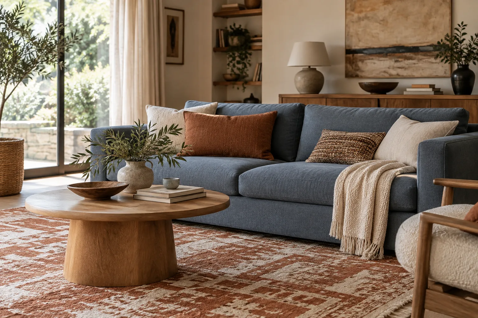 Canapé bleu grisé devant un tapis terracotta et crème, avec des coussins en lin et en laine dans un salon lumineux.
