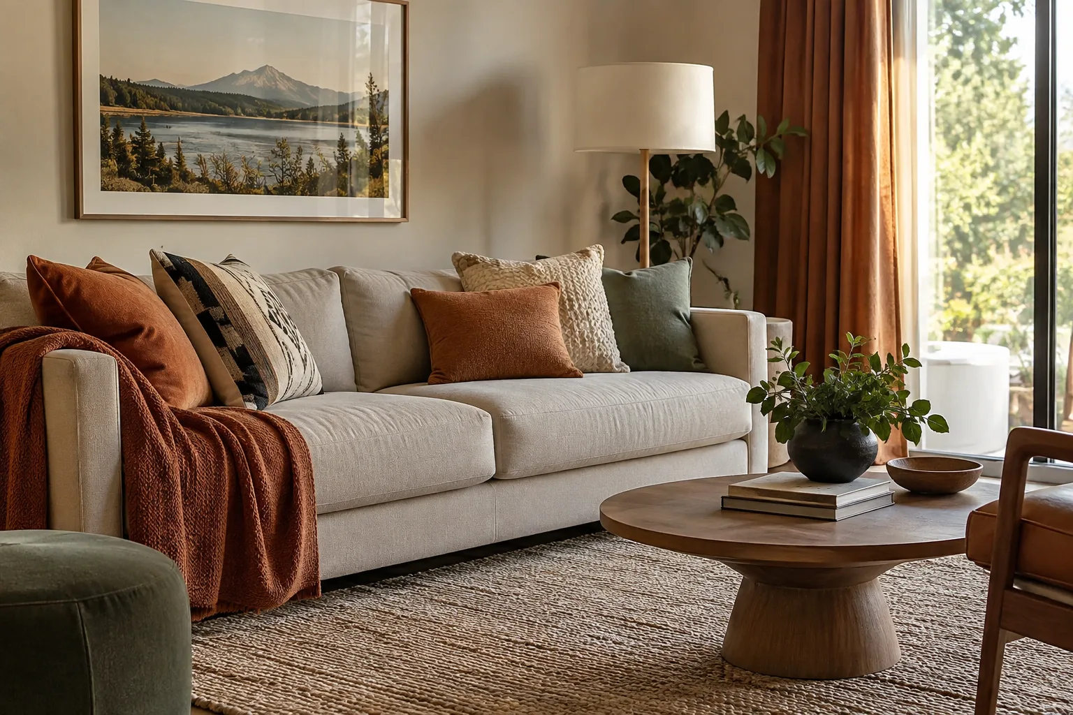 Coussins carrés et rectangulaires de textures variées disposés sur un canapé uni, avec un tapis et des rideaux dans des tons coordonnés.