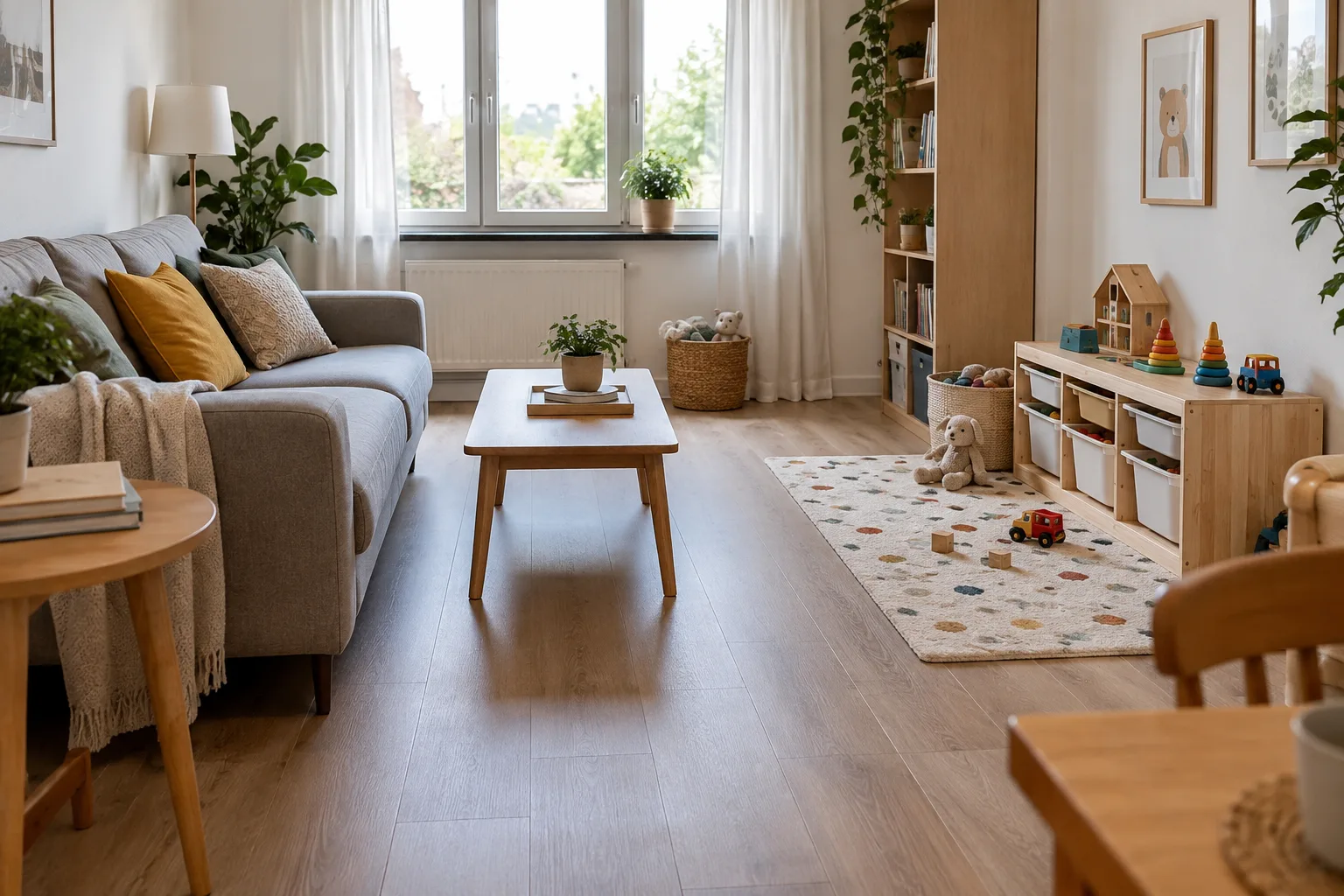 Un petit séjour avec un tapis de jeu près du mur, des bacs bas pour les jouets et un passage dégagé devant le canapé.
