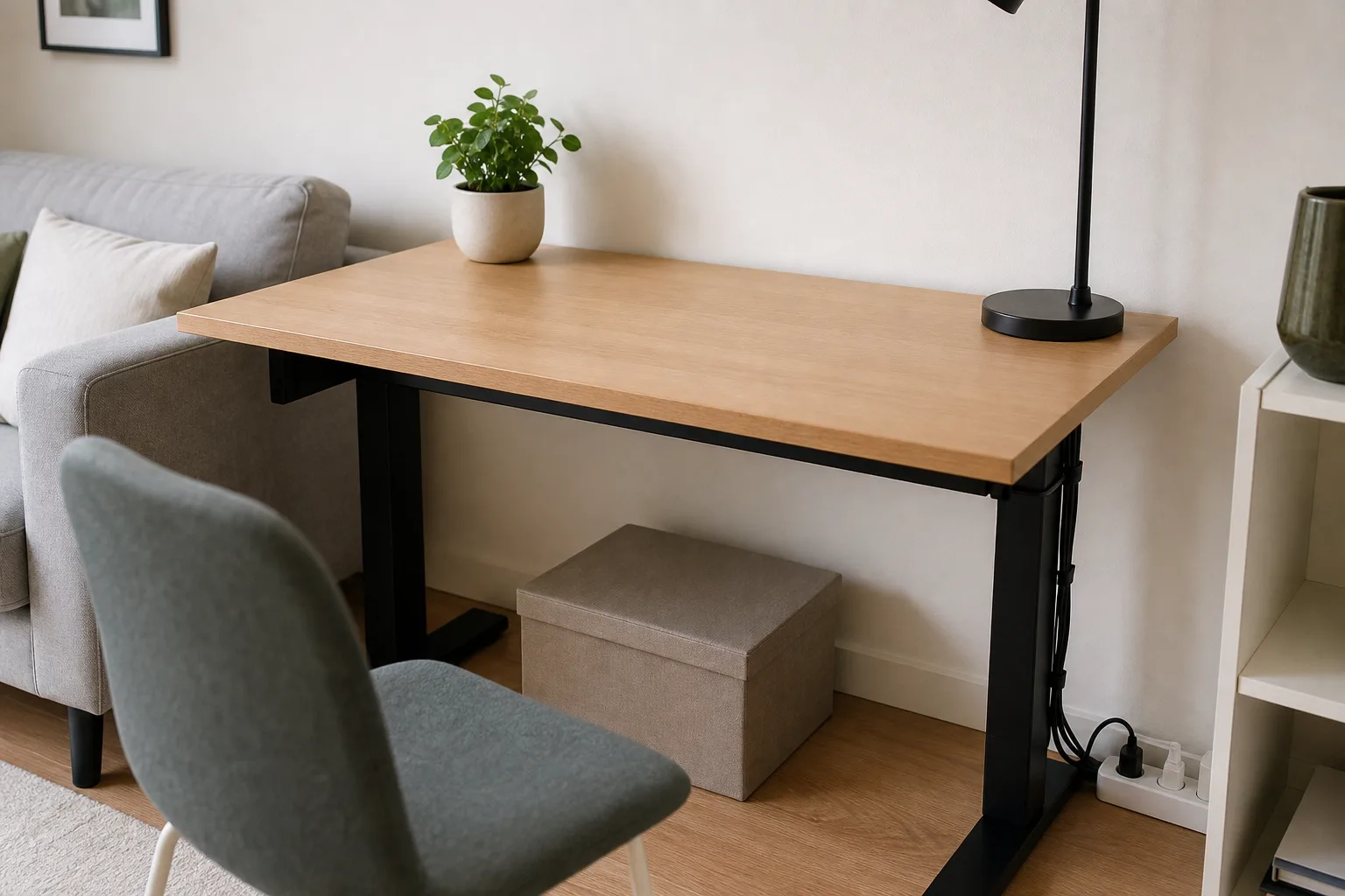 Câbles regroupés le long du pied d’un bureau, avec une boîte de rangement sous le plateau.