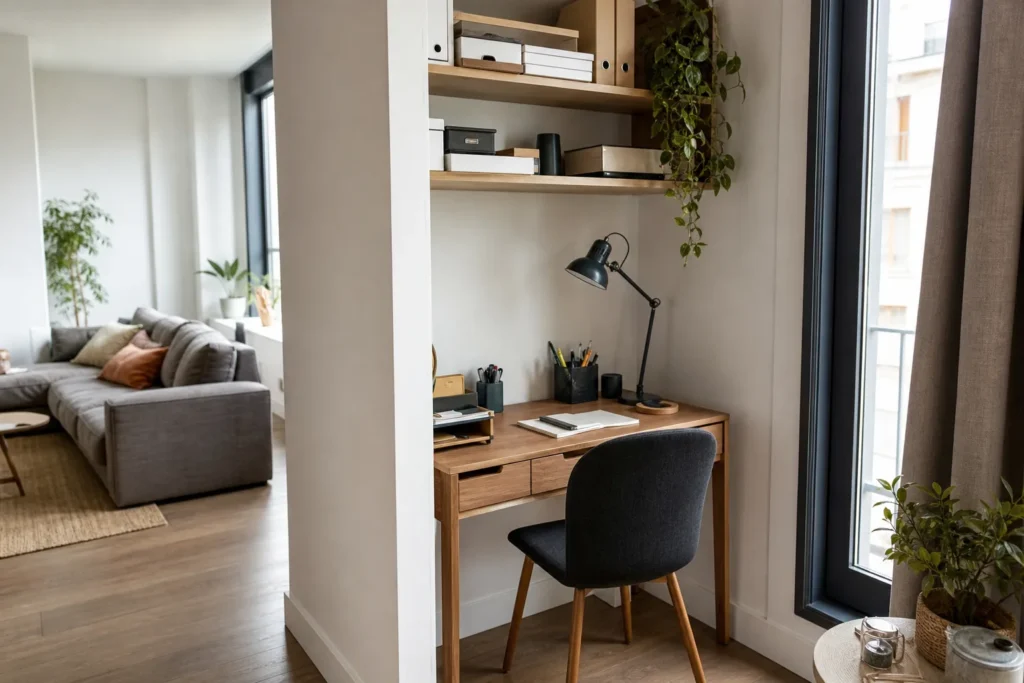 Petit bureau en bois installé dans une alcôve d’un séjour, près d’une fenêtre et à côté d’un canapé.