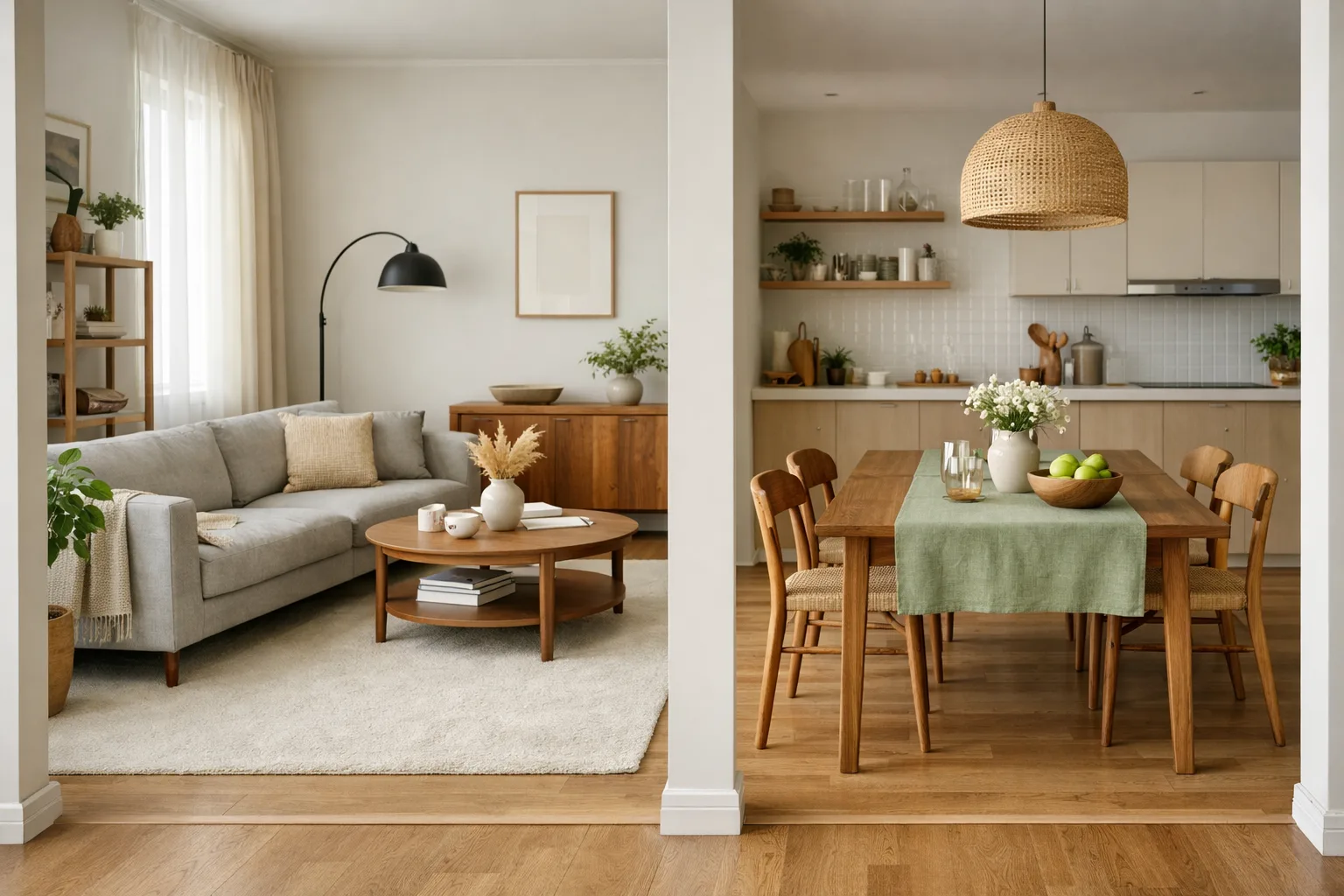 Un salon et un coin repas ouverts où un tapis et un textile de table reprennent discrètement la même teinte.