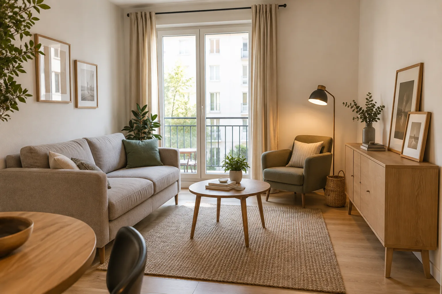 Dans un petit séjour, des cadres sont posés sur un buffet près d’un canapé et une lampe éclaire un fauteuil.