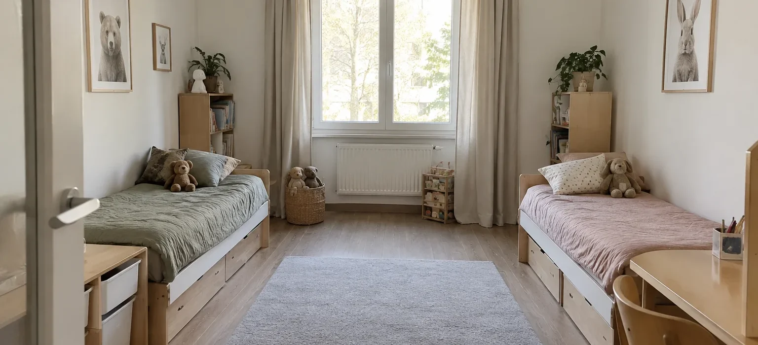 Deux lits bas séparés par un passage dégagé dans une chambre partagée, avec des rangements individuels près de chaque couchage.
