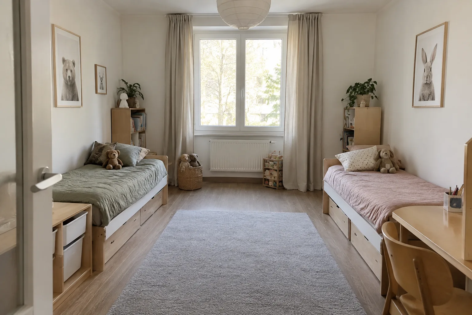 Deux lits bas séparés par un passage dégagé dans une chambre partagée, avec des rangements individuels près de chaque couchage.