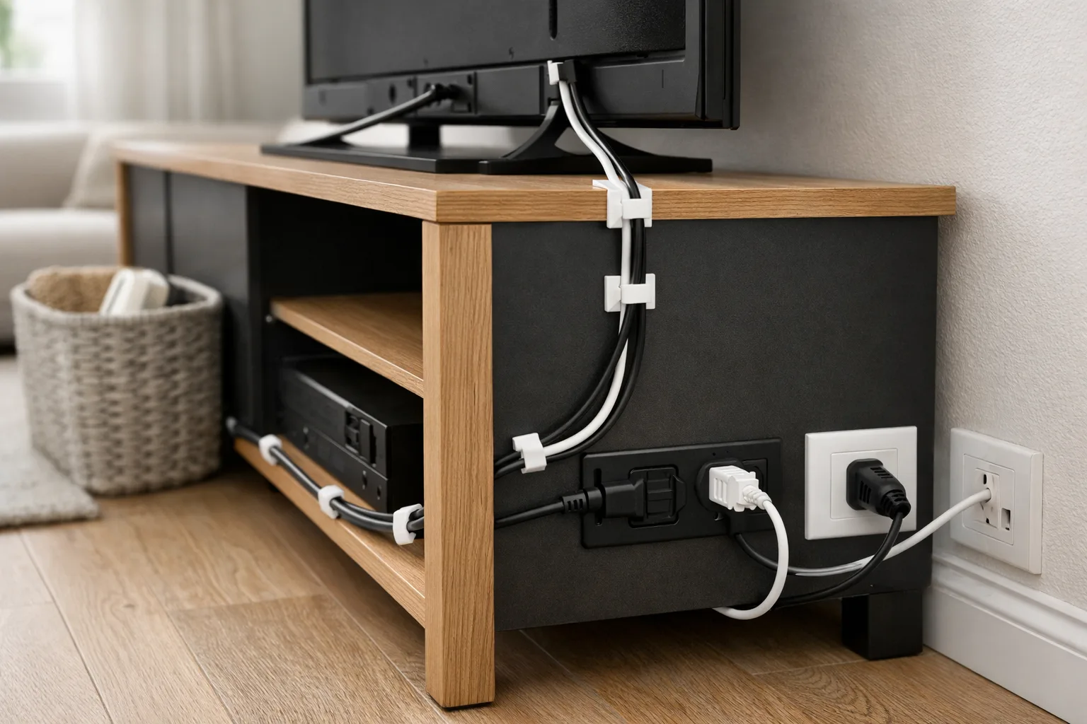 Un meuble TV avec des câbles regroupés le long de sa structure et une multiprise rangée dans un panier ouvert.