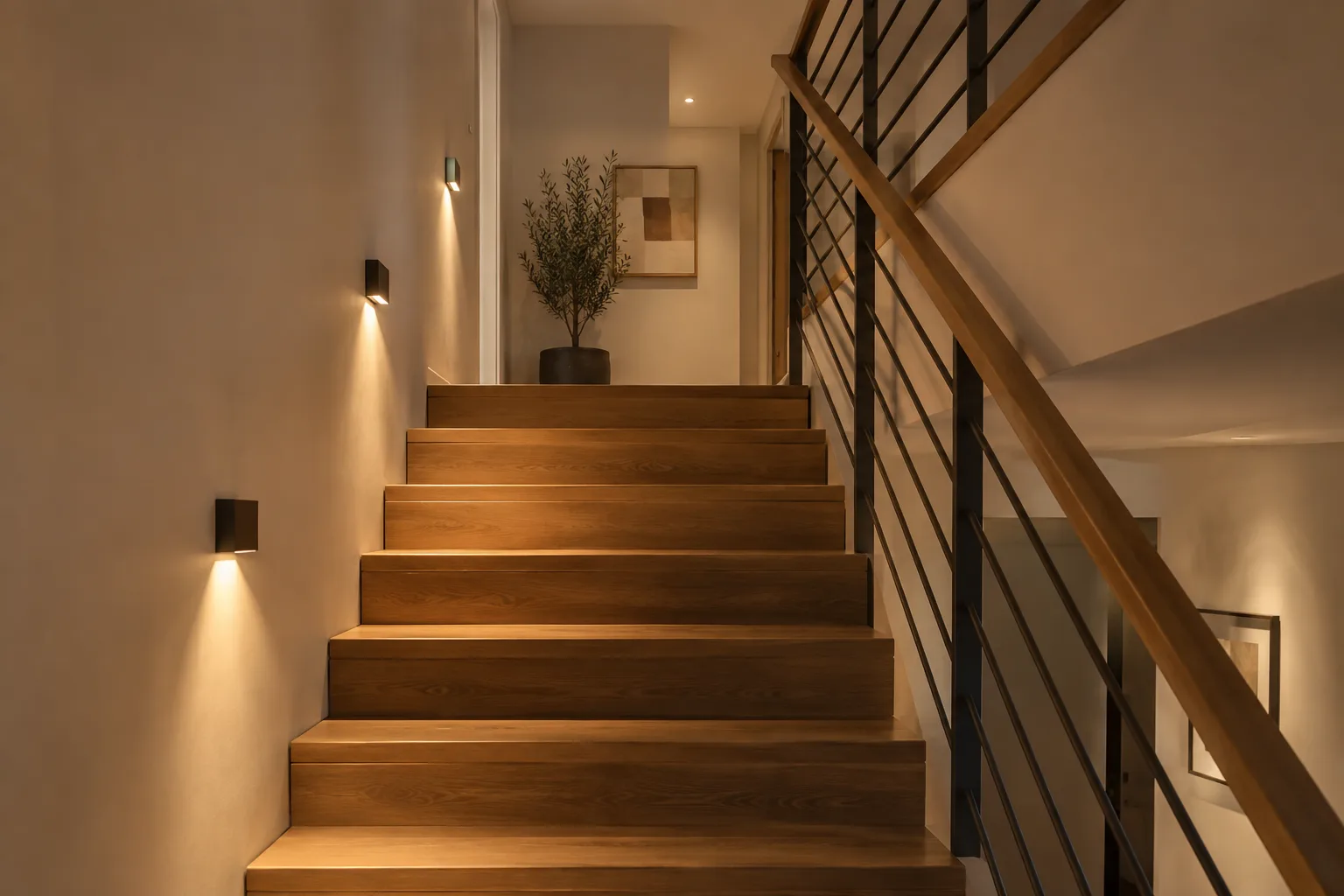 Escalier intérieur dont les marches sont éclairées par des appliques murales diffuses.