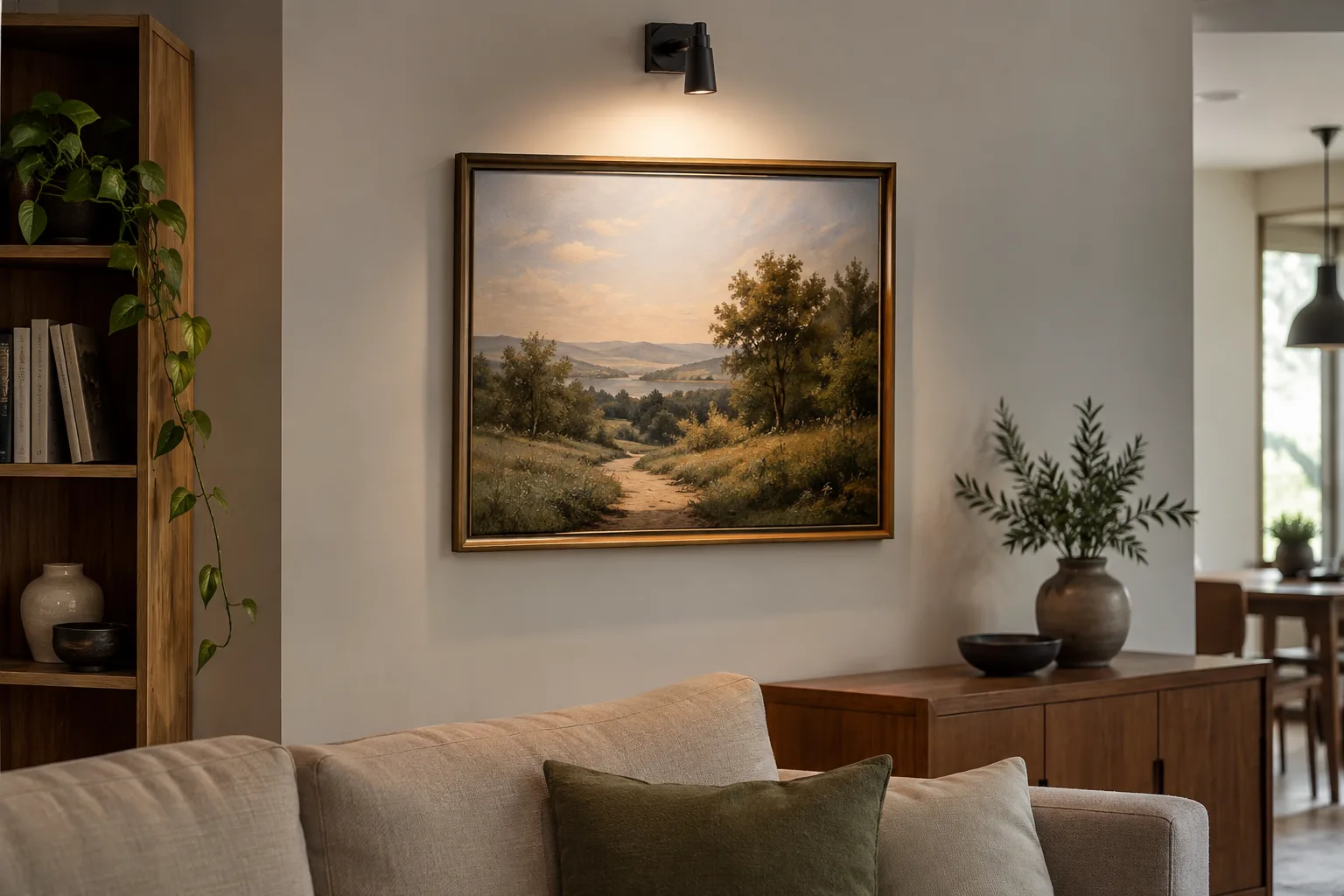 Tableau encadré sur un mur, éclairé par une applique orientable au-dessus.