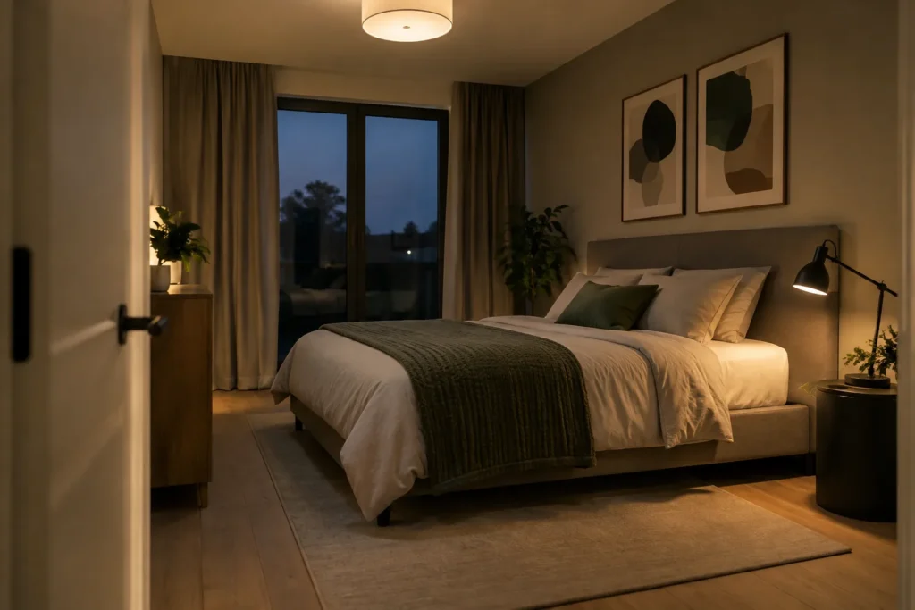 Une chambre éclairée par un plafonnier discret et une lampe orientable installée près du lit.