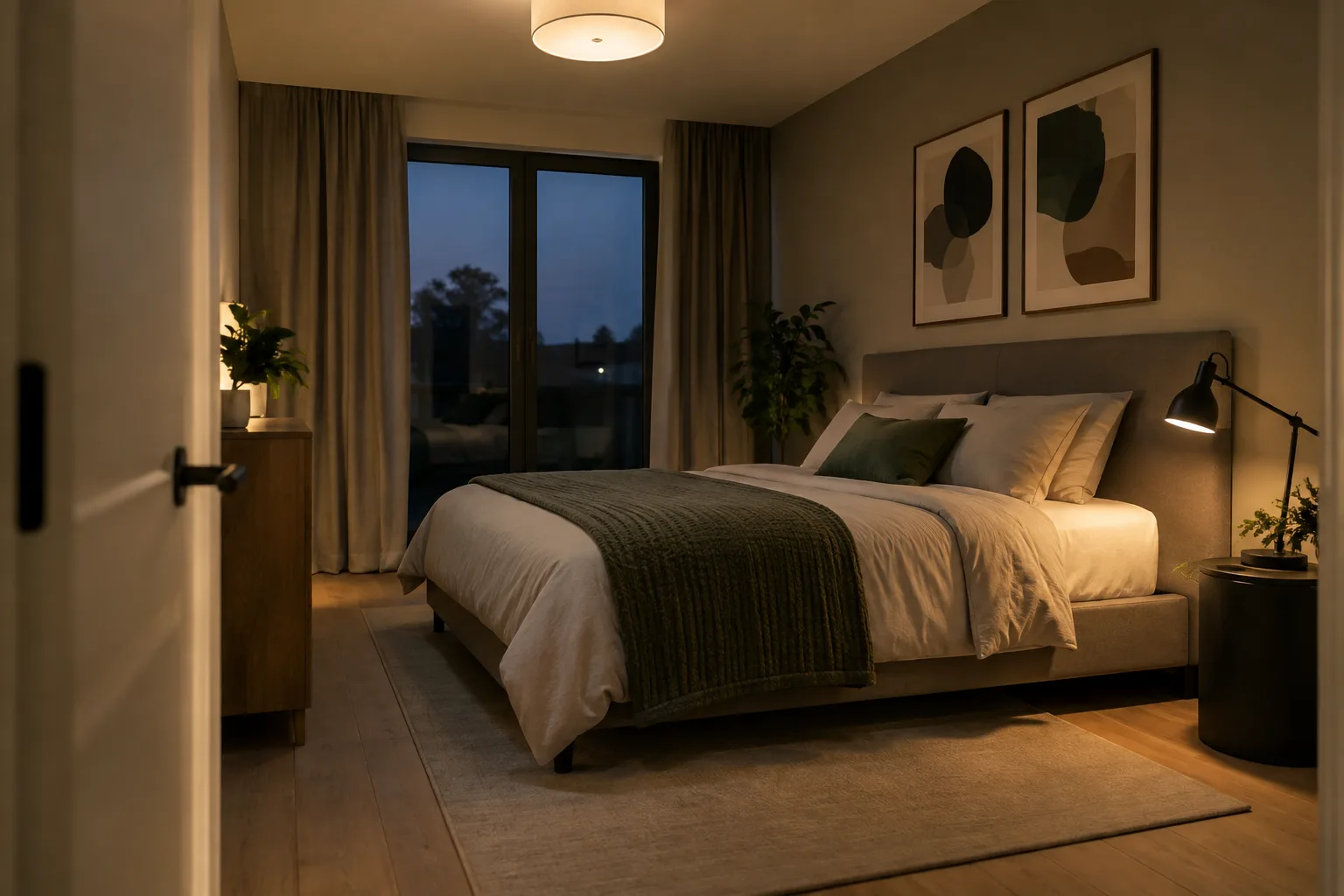 Une chambre éclairée par un plafonnier discret et une lampe orientable installée près du lit.