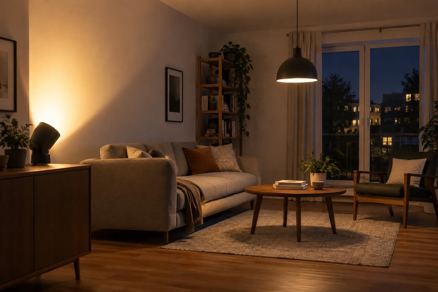 Une lampe éclaire un mur clair qui renvoie une lumière diffuse dans le séjour.