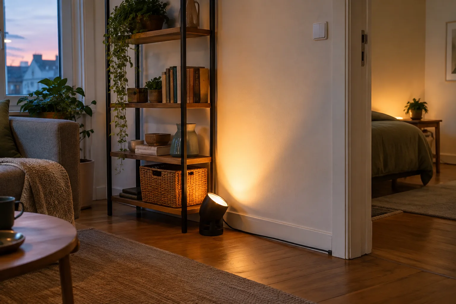 Une lampe à poser près d’une étagère éclaire le mur, avec son câble guidé le long de la plinthe.